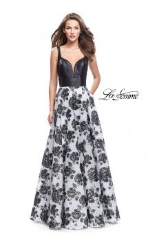 Picture of: Floral Printed A-line Prom Dress with Low V Back in Black Ivory, Style: 25976, Main Picture