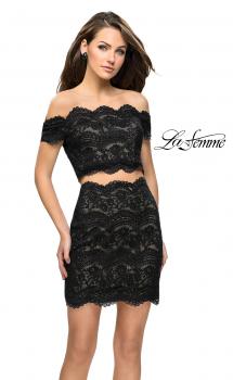 Picture of: Lace Two Piece Dress Set with Off the Shoulder Top in Black Nude, Style: 26666, Main Picture