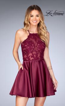 Picture of: Sheer Illusion Dress with Scattered Lace and Short Skirt in Burgundy, Style: 25202, Main Picture
