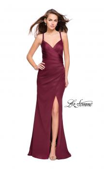 Picture of: Satin Prom Dress with Ruching and Open Strappy Back in Burgundy, Style: 26036, Main Picture
