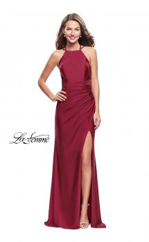 Picture of: High Neck Long Form Fitting Gown with Ruching in Burgundy, Style: 26141, Main Picture