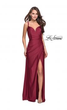 Picture of: Long Jersey Prom Dress with Ruching Side Wrap Detail in Burgundy, Style: 26317, Main Picture