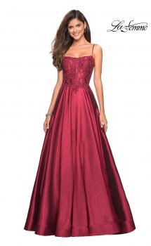 Picture of: Long Mikado Gown with Lace Bust and Open Back in Burgundy, Style: 27222, Main Picture