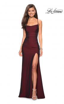 Picture of: Simple Long Jersey Dress with Slit and Ruching in Burgundy, Style: 27660, Main Picture