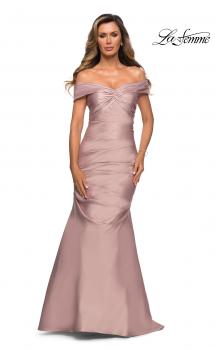 Picture of: Off the Shoulder Satin Evening Gown with Pleating in Champagne, Style: 28047, Main Picture