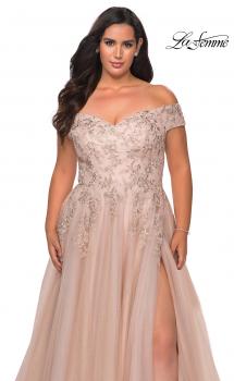 Picture of: Off The Shoulder Tulle Plus Size Gown with Lace in Champagne, Style: 28950, Main Picture