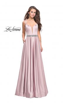 Picture of: Satin Prom Dress with A Line Skirt and Beaded Belt in Champagne, Style: 24821, Main Picture