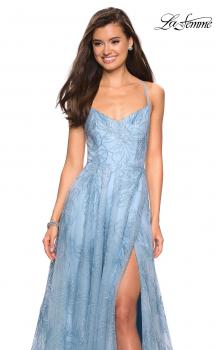 Picture of: Lace Prom Dress with Floral Detail and Side Leg Slit in Cloud Blue, Style: 27704, Main Picture