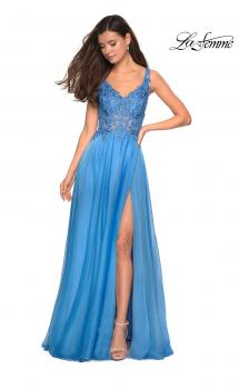 Picture of: Floor Length Chiffon Prom Dress with Sheer Floral Bodice in Cloud Blue, Style: 27751, Main Picture