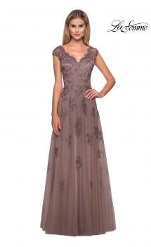 Picture of: Short Sleeve Lace Gown with Cascading Embellishments in Cocoa, Style: 26942, Main Picture