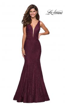 Picture of: Stretch Lace Prom Dress with Plunging Neckline in Burgundy, Style: 27464, Main Picture