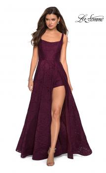 Picture of: Long Lace Prom Dress with Attached Shorts in Burgundy, Style: 27476, Main Picture
