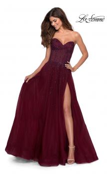 Picture of: Strapless Beaded Prom Gown with Slit and Pockets in Burgundy, Style 28603, Main Picture