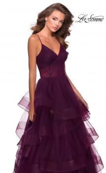 Picture of: Tiered Tulle Ball Gown with Sheer Bodice in Burgundy, Style: 28641, Main Picture