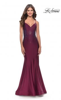 Picture of: Rhinestone Jersey Mermaid Gown with Open Back in Dark Berry, Style: 31220, Main Picture