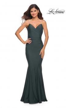 Picture of: Rhinestone Strap Elegant Ruched Jersey Dress in Dark Emerald, Main Picture