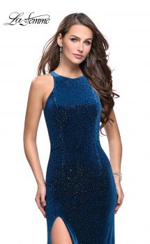 Picture of: Sparkling Velvet Prom Dress with Rhinestone Beading in Dark Teal, Style: 25679, Main Picture