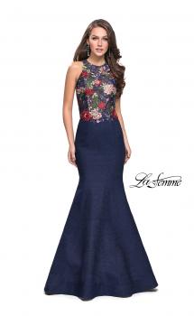 Picture of: High Neck Denim Mermaid Gown with Floral Print in Dark Wash, Style: 25885, Main Picture