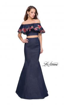 Picture of: Two Piece Denim Dress with Floral and Ruffle Detail in Dark Wash, Style: 26013, Main Picture