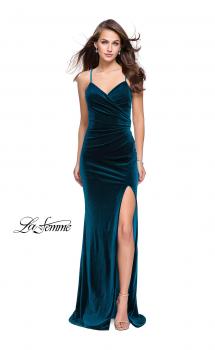 Picture of: Velvet Prom Dress with Strappy Back and Small Train in Deep Teal, Style: 25184, Main Picture