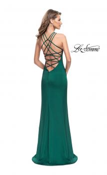 Picture of: Long Satin Halter Prom Dress with Criss Cross Back in Forest Green, Style: 25439, Main Picture