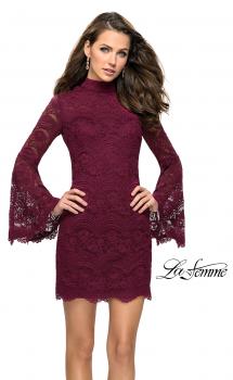 Picture of: Lace Bell Sleeve Homecoming Dress with High Neckline in Garnet, Style: 26668, Main Picture