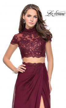 Picture of: Chiffon Two Piece Gown with Lace Top and Belt Detail in Garnet, Style: 25384, Main Picture