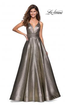 Picture of: Metallic A-Line Prom Gown with Criss Cross Strappy Back in Gold Black, Style: 27532, Main Picture