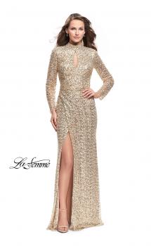 Picture of: Long Sleeve Sequin High Neck Prom Dress with Slit in Gold, Style: 26263, Main Picture
