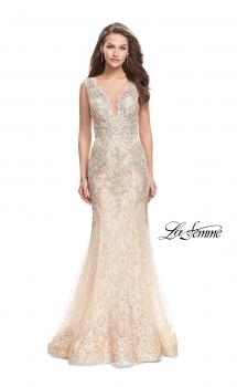 Picture of: Form Fitting Mermaid Lace Dress with Metallic Beading in Gold Nude, Style: 26125, Main Picture