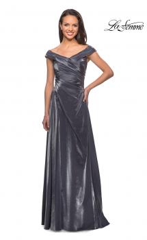Picture of: Off the Shoulder Satin Gown with Ruching in Gunmetal, Style: 27846, Main Picture
