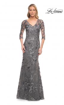 Picture of: Exquisite Lace Beaded Long GOwn with Sheer Sleeves in Silver, Style: 29976, Main Picture