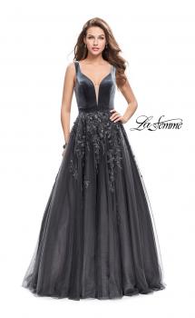 Picture of: A-line Prom Gown with Tulle Skirt and Velvet Bodice in Gunmetal, Style: 26382, Main Picture