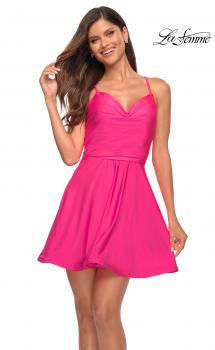 Picture of: Neon Jersey Fit and Flare Dress with Draped V Neckline in Hot Pink, Main Picture