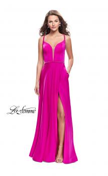 Picture of: A-line Satin Prom Dress with Wrap Side Leg Slit in Hot Pink, Style: 26329, Main Picture