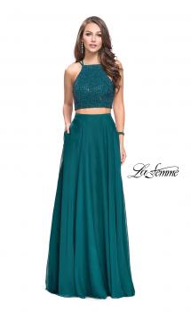 Picture of: Long Chiffon Two Piece Prom Dress with Metallic Beading in Hunter Green, Style: 26002, Main Picture