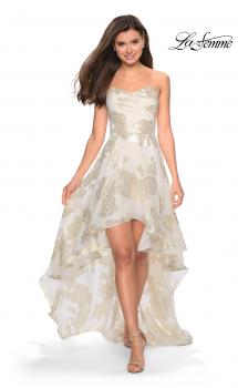 Picture of: Strapless Metallic Floral High Low Prom Dress in Ivory/Gold, Style: 27753, Main Picture