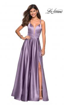 Picture of: Long Satin Formal Gown with Leg Slit and Strappy Back in Lavender Gray, Style: 26994, Main Picture