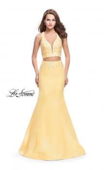 Picture of: Mikado Two Piece Mermaid Gown with Beaded Lace Top in Lemon, Style: 26311, Main Picture