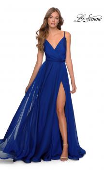 Picture of: Chiffon Prom Dress with Pleated Bodice and Pockets in Marine Blue, Style: 28611, Main Picture