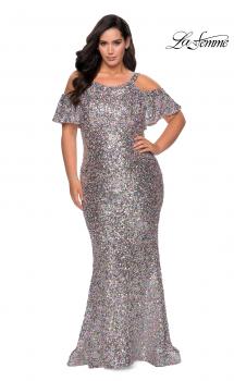 Picture of: Cold Shoulder Sequin Plus Size Dress with Ruffle Sleeves in Multi, Style: 28947
