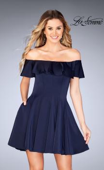 Picture of: A-line Short Satin Dress with Off the Shoulder Detail in Navy, Style: 25070, Main Picture