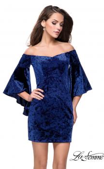 Picture of: Trendy Velvet Dress with Off the Shoulder Bell Sleeves in Navy, Style: 26640, Main Picture
