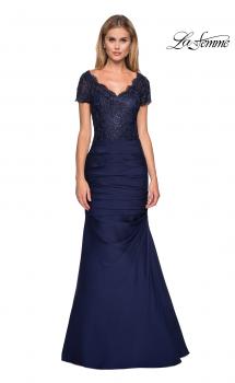 Picture of: Floor Length Satin Dress with Lace Rhinestoned Bodice in Navy, Style: 26979, Main Picture
