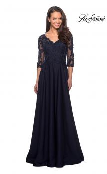 Picture of: Floor Length Satin Dress with Lace Detail and Pockets in Navy, Style: 27235, Main Picture