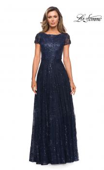 Picture of: Sequin Lace A-line Gown with Sheer Short Sleeves in Navy, Style: 27837, Main Picture