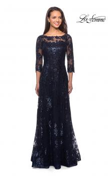 Picture of: Long Lace Dress with Sequins and Sheer 3/4 Sleeves in Navy, Style: 27885, Main Picture