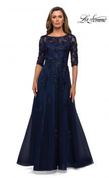 Picture of: Three Quarter Sleeve A-line Gown with Floral Embellishments in Navy, Style: 27922, Main Picture