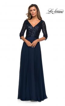 Picture of: Long Chiffon Evening Gown with Sequined Bodice in Navy, Style: 27998, Main Picture