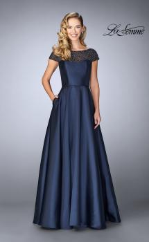 Picture of: A-line Mikado Gown with Sheer Beaded Top in Navy, Style: 24883, Main Picture